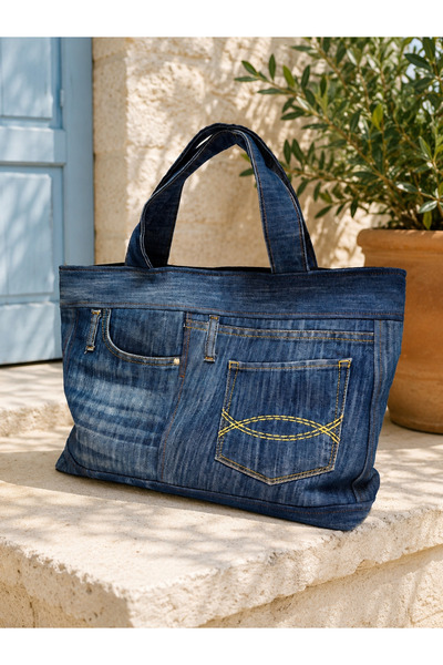 minart design Koyu lacivert tasarım denim omuz çantası