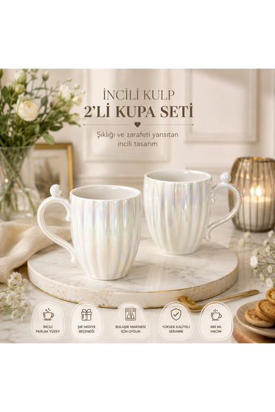 kasımoğulları concept İncili Kulp 2’li Porselen Kupa Seti – Parlak Görünümlü ...