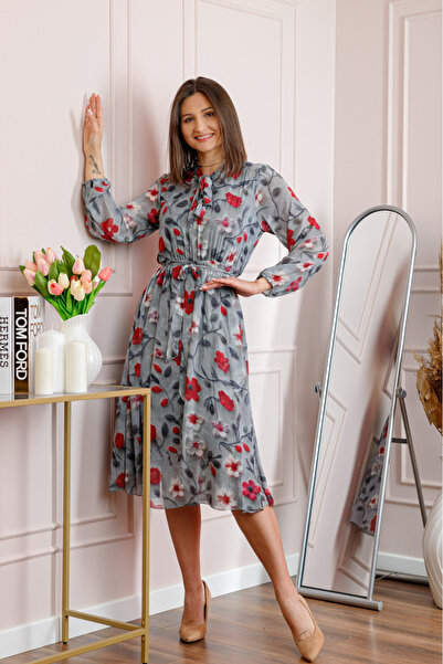 OEM Rochie dama gri Alessandra din voal cu imprimeu floral si cordon in talie