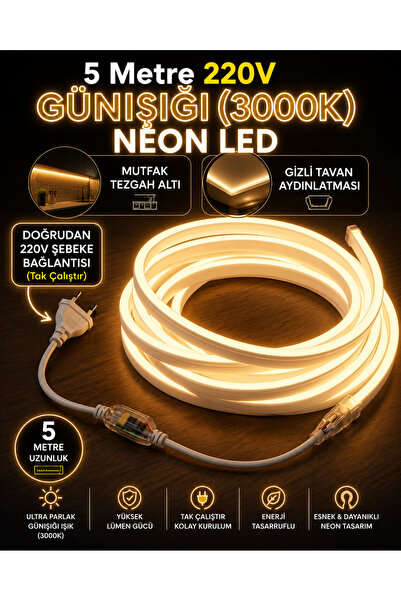 Volttrend 10 Metre 220V Neon LED Şerit Günışığı (3200k) - Tak Çalıştır Set - ...