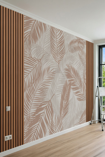 dreamwall Bohem Palmiye Yapraklı Ahşap Panel Görünümlü Tek Parça Tekstil Duva...
