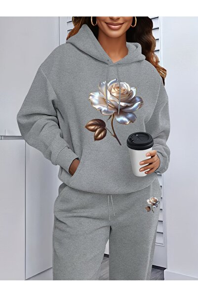 WOODROFFE Women's Rose Rose Printed Oversize Hooded Tracksuit Set Loose Fit