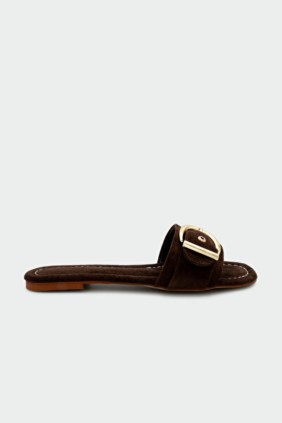 LAMİNTA Rios Suede Gold Buckle Detailed Women's Bitter Brown Suede Flat Slippers