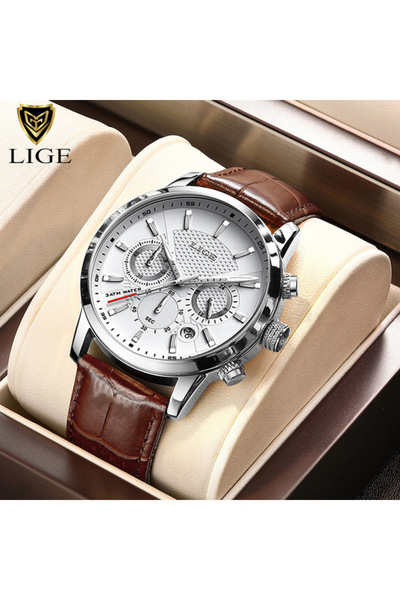 Choice LIGE silver white LIGE Fashion Brown Leather Watch For Men Casual Busi...