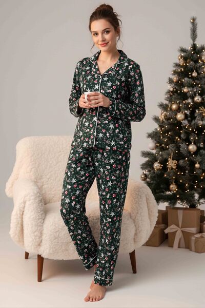 Generic Brand Printed Suede Pajama Set with Interlaced Detail - 28088-Zumrut