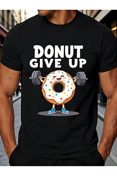 NOURAM Cute Cartoon Lifting Weights Men's T-Shirt Donut Give Up Motivational ...