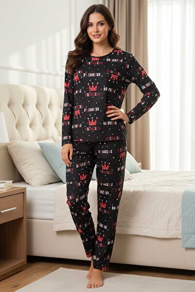 TOFİSA Printed Suede Pajama Set - 28174-Black