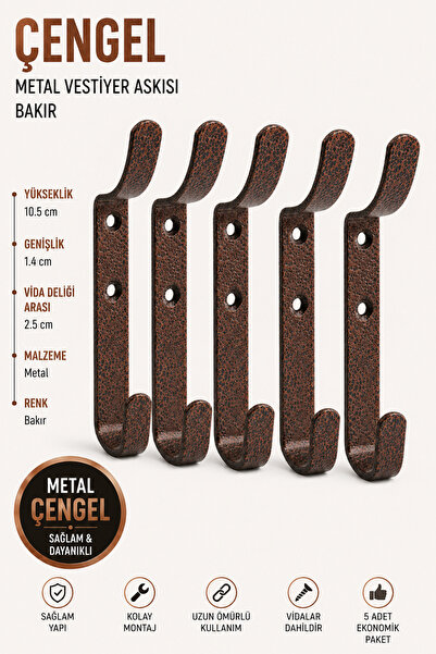 Badem10 (5 ADET) Çengel Metal Portmanto Vestiyer Duvar Dolap Elbise Askısı Ba...
