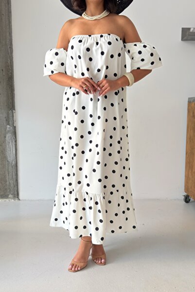 KENZA'A TRİKO Polka Dot Balloon Sleeve Strapless Dress