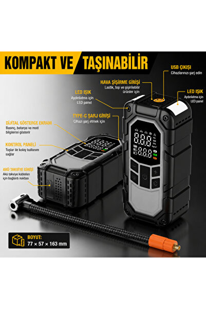 KAPVOE 4'ü 1 Arada Akü Takviye Cihazı 8000 mAh Batarya 150 PSI Lastik Şişirme Hava Kompresörü, Powerbank ve LED Acil Durum Işığı