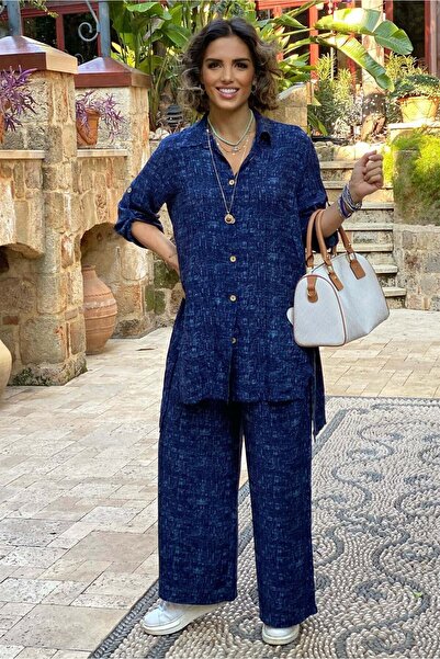 Nevin Kaya Moda Μπλε Σετ Παντελόνι Παλάτσο και Τουνίκ