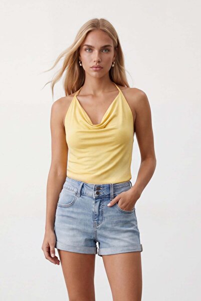 Trend Alaçatı Stili Women's Yellow Halter Neck Degaje Collar Backless Blouse ...