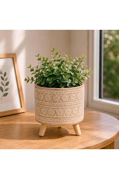 Warehouse Decorative luxury plant pot with wooden legs and an ornamental pattern