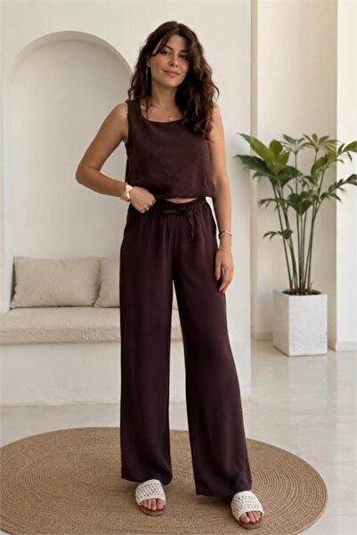 Neşeli Butik Pantaloni crop maro cu bretele groase pentru femei, set de vară ...