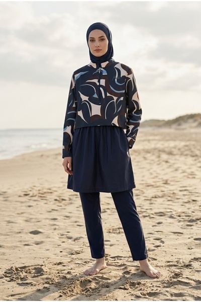 Minel Women's Navy Blue Full Covered Hijab Swimsuit Set of 2 -070
