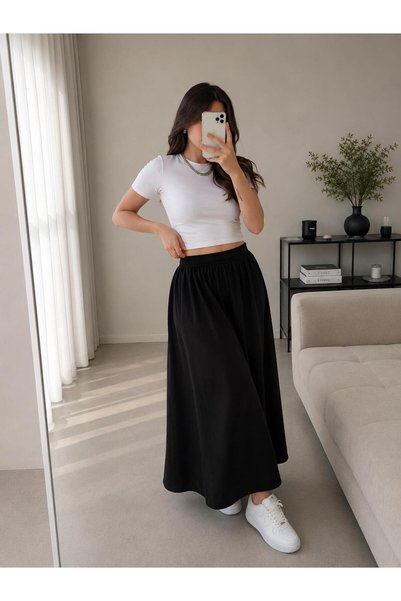 FRO FASHİON تنورة طويلة من قماش البوليبلين مع جيوب فيليتو بدون بطانة (90 سم)