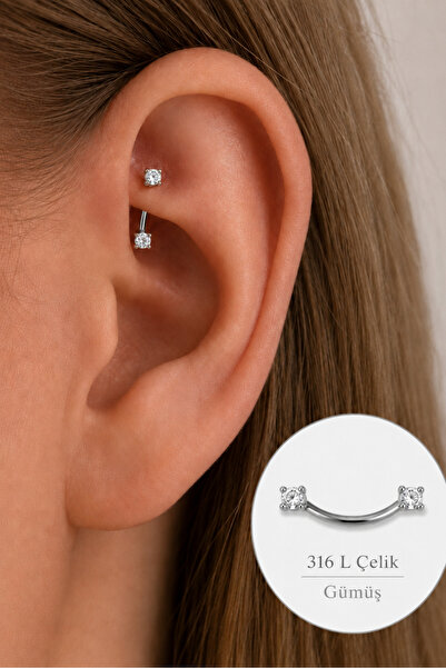 moonzy - minimalist & cozy Çift Taşlı Kaş Rook Piercing 316L Çelik Zirkon Taş...