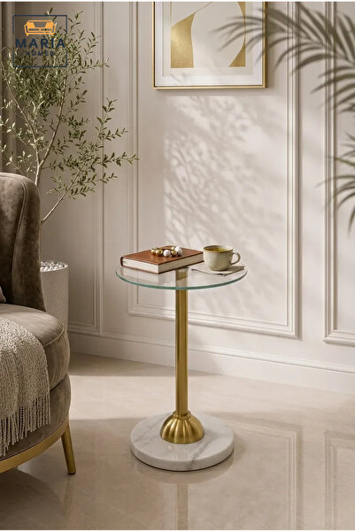 MARIA HOMES Luxury Round Glass Side Table with White Marble Base and Gold Met...