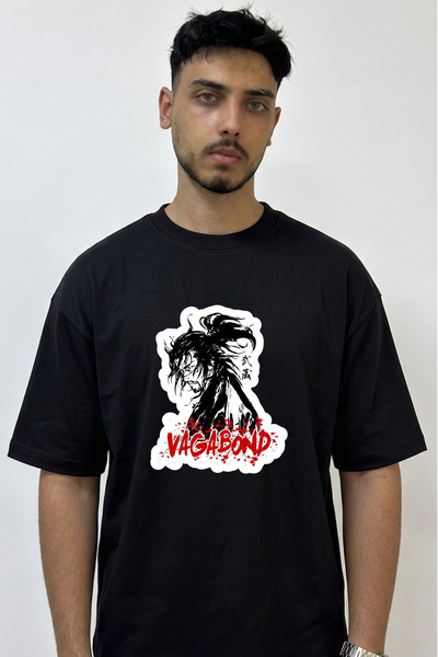 Anetos Vagabond Musashi Design Printed Oversize Black T-Shirt