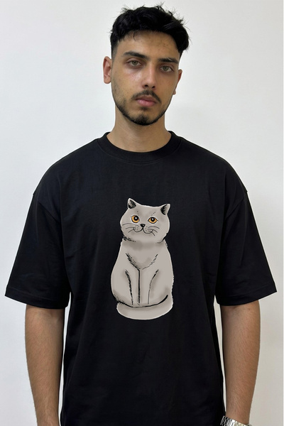 Anetos Gray Cat Design Printed Oversize Black T-Shirt