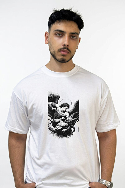 Anetos Angel Demon Design Printed Oversize White T-Shirt