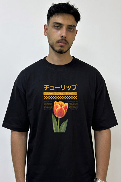 Anetos Red Orange Tulip Design Printed Oversize Black T-Shirt