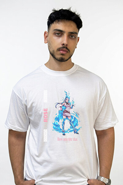 Anetos Rose Blackpink_1 Design Printed Oversize White T-Shirt