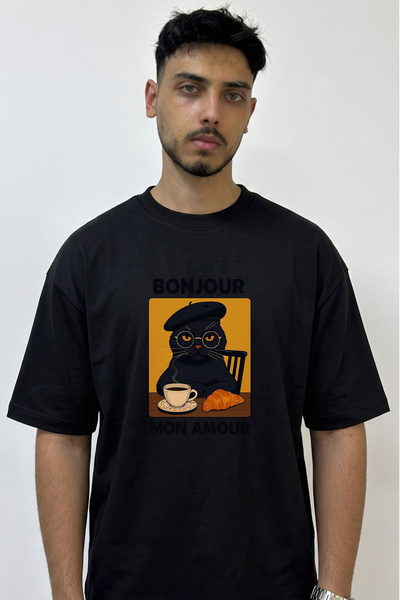 Anetos French Cat Design Printed Oversize Black T-Shirt