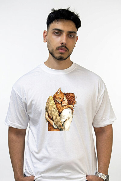 Anetos Angel Cat Woman Design Printed Oversize White T-Shirt