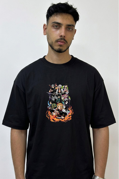 Anetos Demon Slayer_1 Design Printed Oversize Black T-Shirt