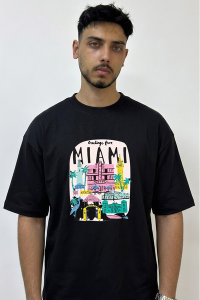 Anetos Miami Postcard Design Printed Oversize Black T-Shirt