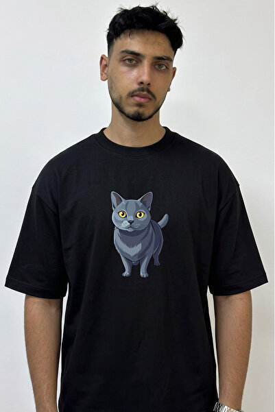 Anetos Gray Line Cat Design Printed Oversize Black T-Shirt