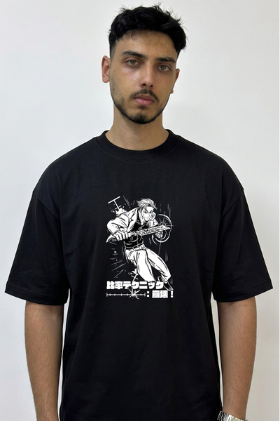 Anetos Kento Nanami Design Printed Oversize Black T-Shirt