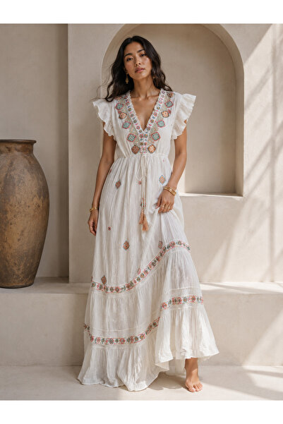 laviyonsa Embroidered Bohemian Long Cotton Viscose Lined Dress Std 36-40