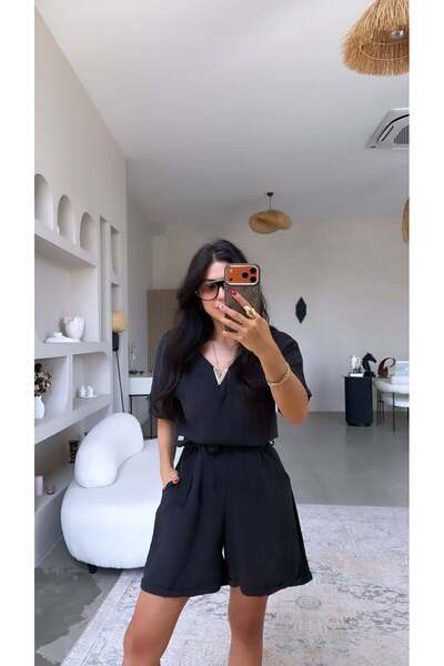 Buket Teke Black Tensel Fabric Jumpsuit with V Accessories