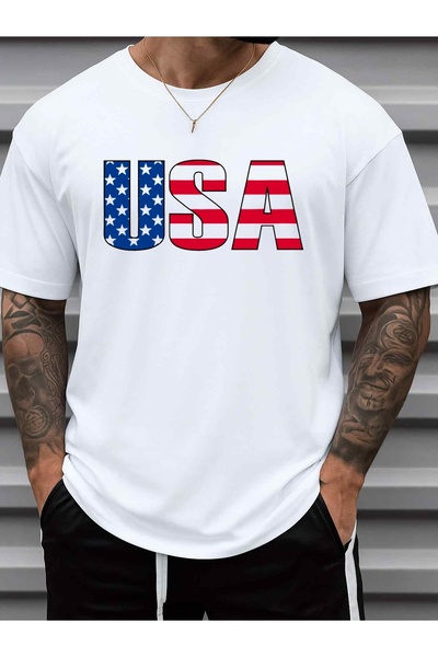 1001 Line Men's USA T-Shirt 100% Cotton 180gsm Short Sleeve Shirt with Flag P...