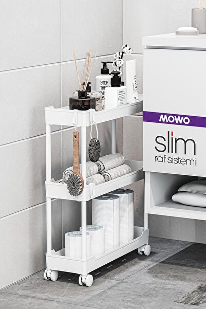 Empressco Slim 3 Katlı Tekerlekli Raf Ünitesi Beyaz, Banyo Rafı, Mutfak Rafı,...