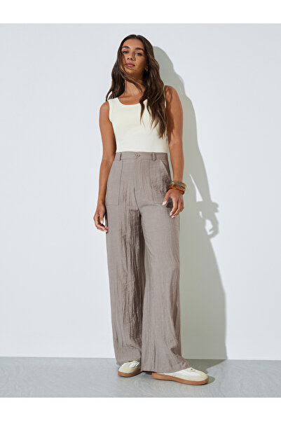 Styli Khaki Front Pocket Wide Leg Linen Like Pants