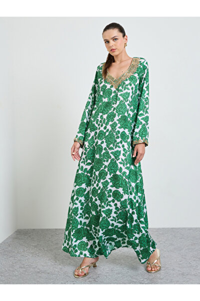 Maxim Creation By Styli Green Floral Print Maxi Jalabiya with Embellishment