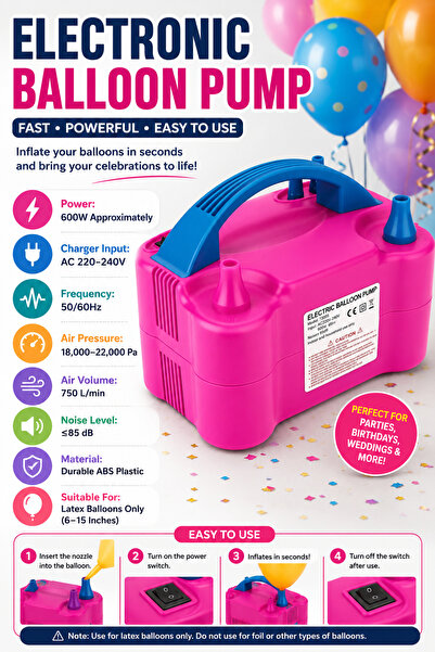 Baytix HOME 600W Electric Air Balloon Pump Dual Nozzle 220-240V Fast Balloon ...