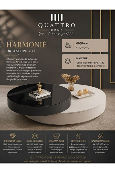 QUATTRO HOME Harmonié Döner Mekanizmalı Orta Sehpa Çekmeceli Lake Cilalı Mode...
