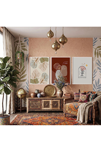 KOLAJTASARIM Set de 3 tablouri cu rame albe Bohemian Lines & Natural Tones, p...