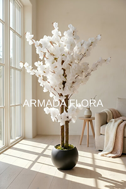 Armada Flora Premium Yapay Beyaz Bahar Dalı Ağacı 150 cm - 27*33 Küre Saksılı