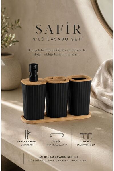 Store HGY Home Safir Gerçek Bambu Detaylı \ Tepsili 3'lü Lavabo Seti - Siyah
