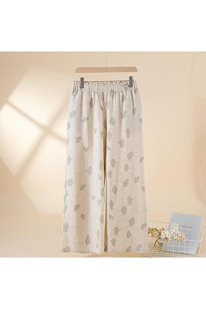 Generic Wide Leg Cotton Linen Trousers, Beige and Grey Ginkgo Leaf Print, Ela...