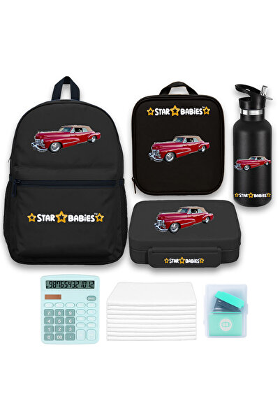 STAR BABiES Set of 4 – Retro Car Theme 16" School Bag, 4-Compartment Lunch Bo...