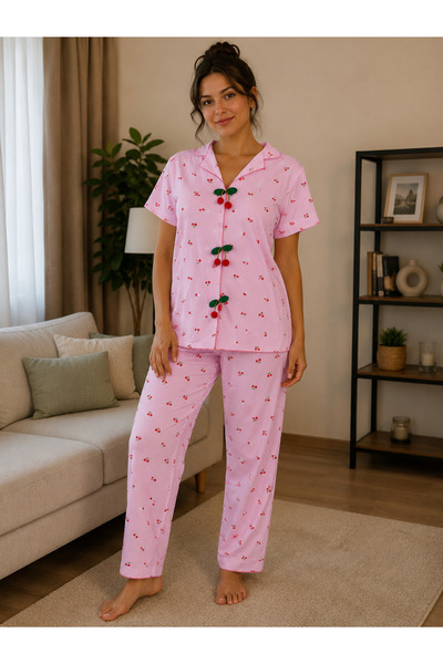 BALİS PİJAMA Women's Pink and White Cherry Patterned Cherry Pajama Set, Embro...
