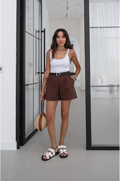 Havoş Brown Belted Pleated Linen Shorts