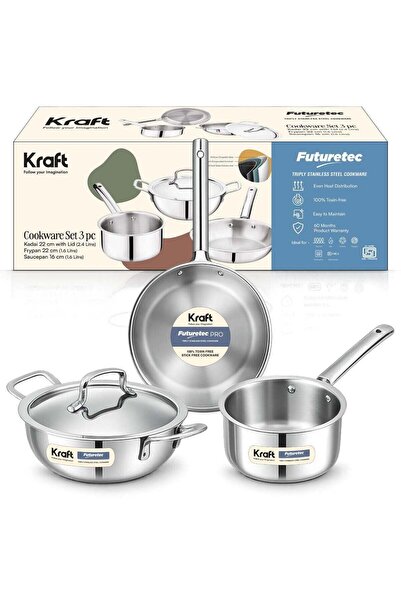 Kraft Futuretec Triply Stainless Steel Cookware Set | 4 Pc Set | Kadai 3.2L, ...