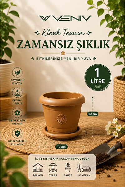VENİV Dekoratif Antik Alt Tabaklı Saksı 1 Litre 1 Adet